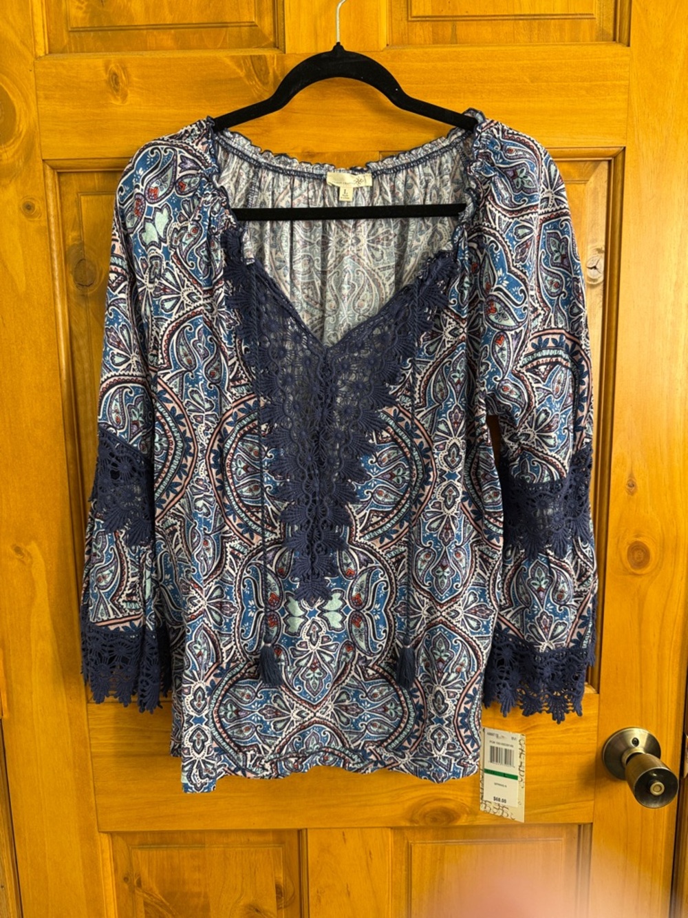 NWT-Democracy Navy Multi Paisley Lace-Trim V-Neck Blouse